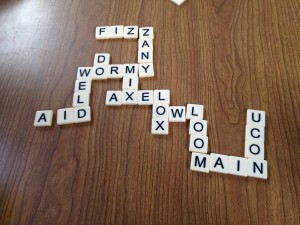 Bananagrams! And despite what you say, AXEL was a perfectly valid word at the time.