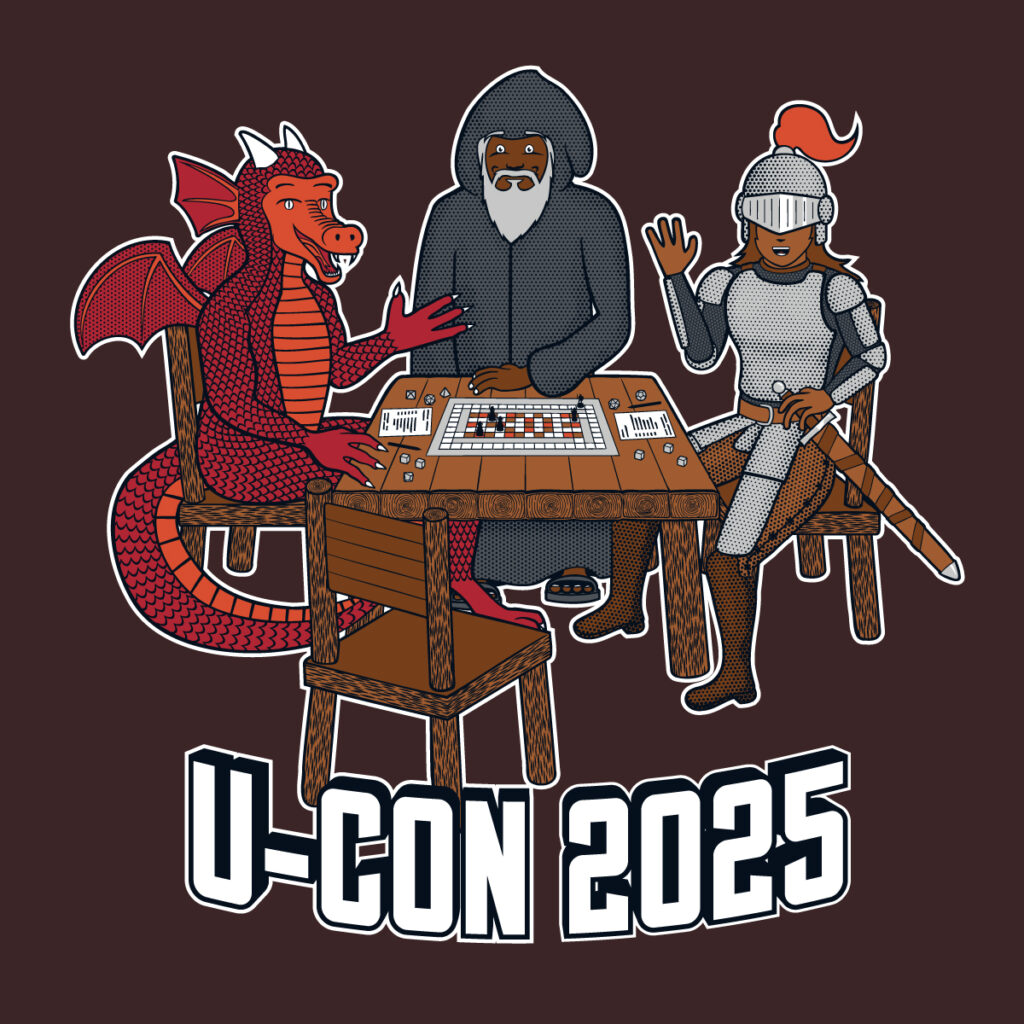 Dark red U-Con 2025 t-shirt featuring a dragon, wizard, and knight playing a board game.