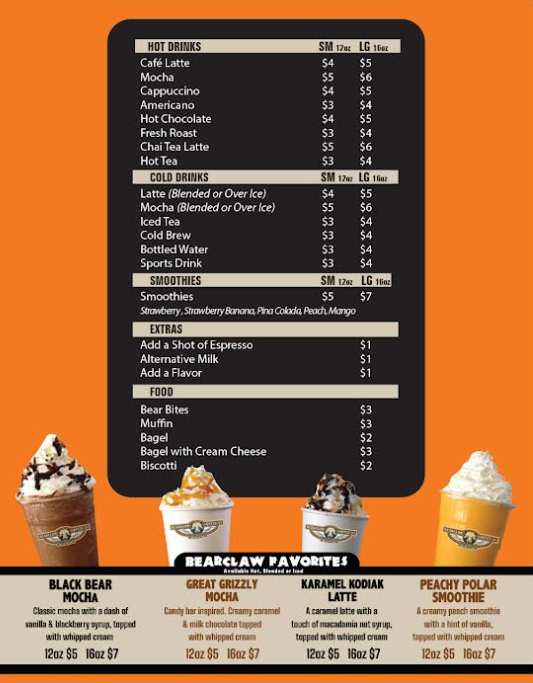 Menu and prices for Bearclaw coffee